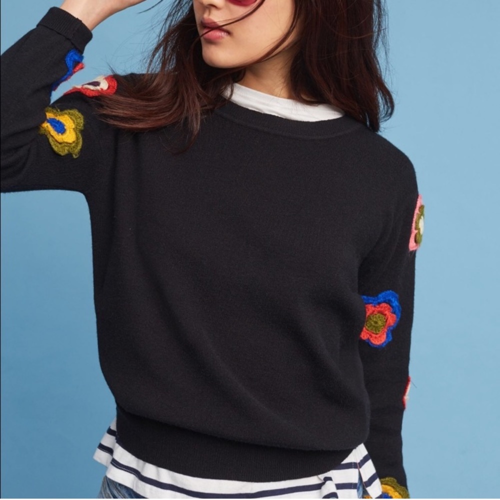 Anthropologie Black Sweater with Colorful Floral Accents
